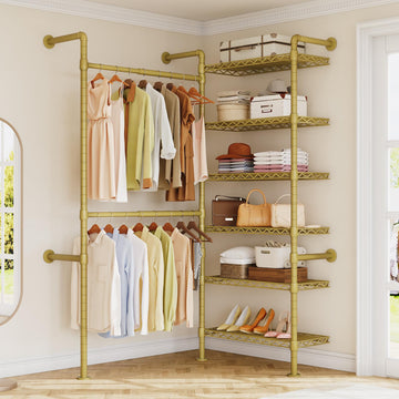 L2 Wall Mounted Closet System, Industrial Pipe Clothing Rack, Gold