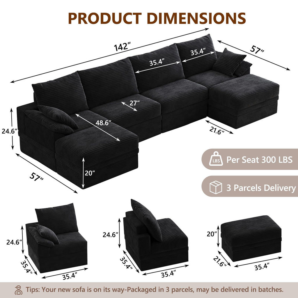 142" Modular Sectional Sofa Boneless Couch with Storage, U-Shape 4 Seat Comfy Modern Couch Sofa with Chaise, 27" Deep