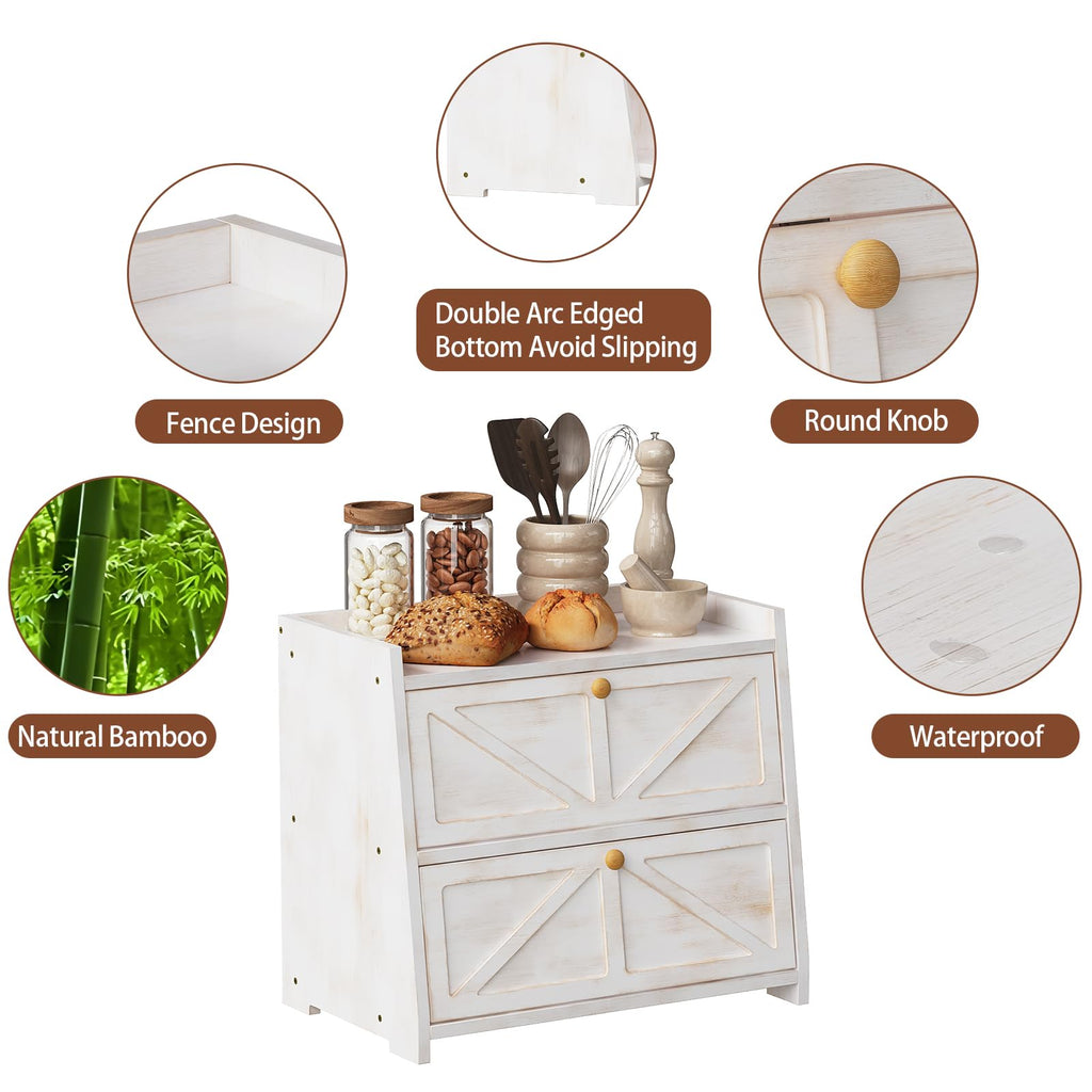 Vintage Double Layer Counter Bamboo Bread Storage Container Large Capacity Bread Storage Bin (Antique White)