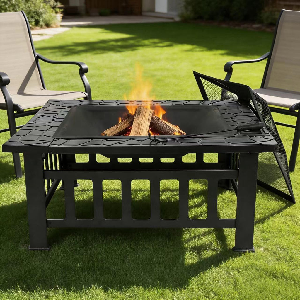 32 inch Outdoor Fire Pit with Grill for Outside Wood Burning, Square Metal Outside Fireplaces