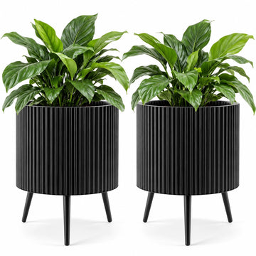 20 Inch Plant Pot w/ Stand Set 2, Mid-Century Modern Fluted Planter