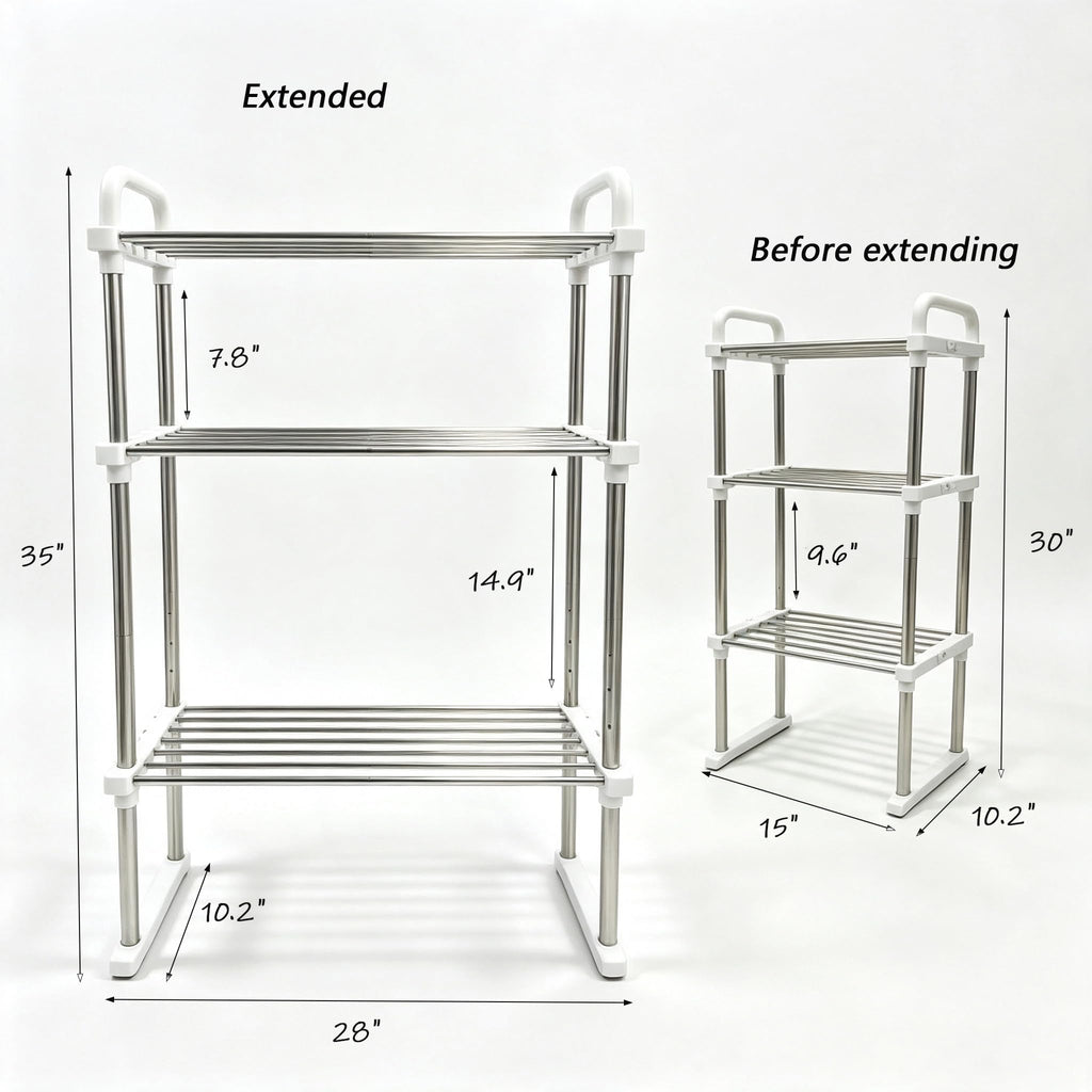 Expandable Shoe Rack, Adjustable Height Boot Organizer, 3-Tier