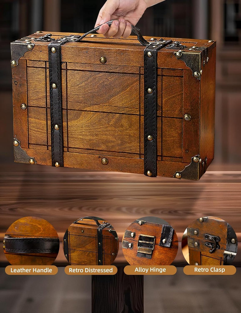 Wooden Storage Box Distressed Treasure Chest Box with Finger Lift Latches Stackable Small Vintage Storage Box