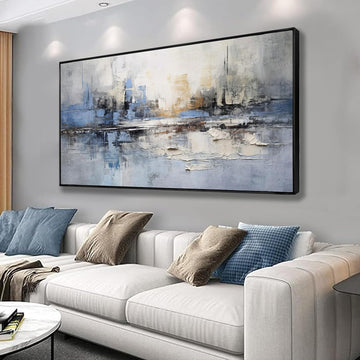 Abstract Wall Art Blue and White Reflection Large Size Framed Artwork Wall Decor Canvas Painting Stretched Canvas