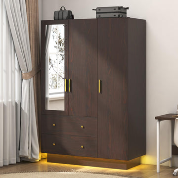 3 Door Wardrobe Closet with Mirror & LED Lights, Bedroom Armoire with Drawers & Shelves, Farmhouse Wooden Armoire