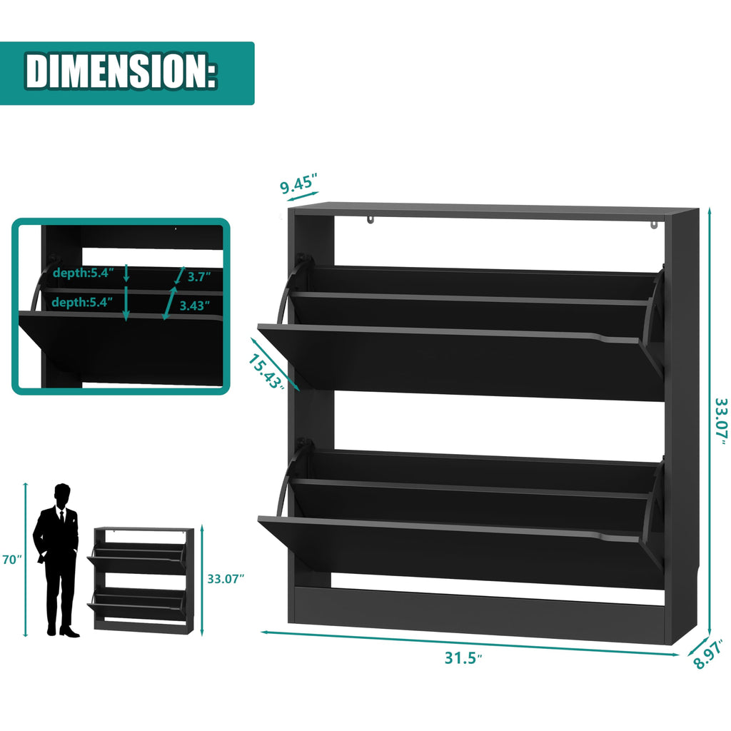 Shoe Storage Cabinet with 2 Flip Drawers, Wood Freestanding Hidden Shoe Storage, Sturdy Narrow Slim Shoe Organizer
