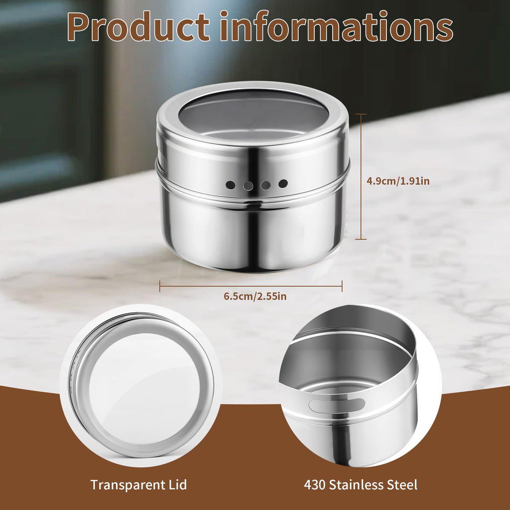 12pcs Stainless Steel Spice Jars, Magnetic Condiment Tins Magnetic Spice Jar With Clear Lid And Holes Sift&Pour