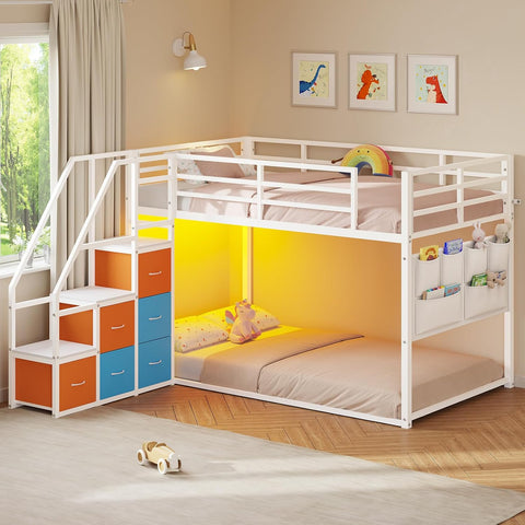 Low Bunk Bed Twin Over Twin with 6 Storage Drawers and 6-Pocket Organizer, Reversible Storage Staircase(Left or Right)