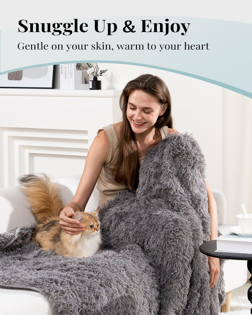 Fuzzy Faux Fur Weighted Blanket 15lbs, 60 x 80 Queen Size for Adult | Machine Washable; Soft and Warm Sherpa Fleece;