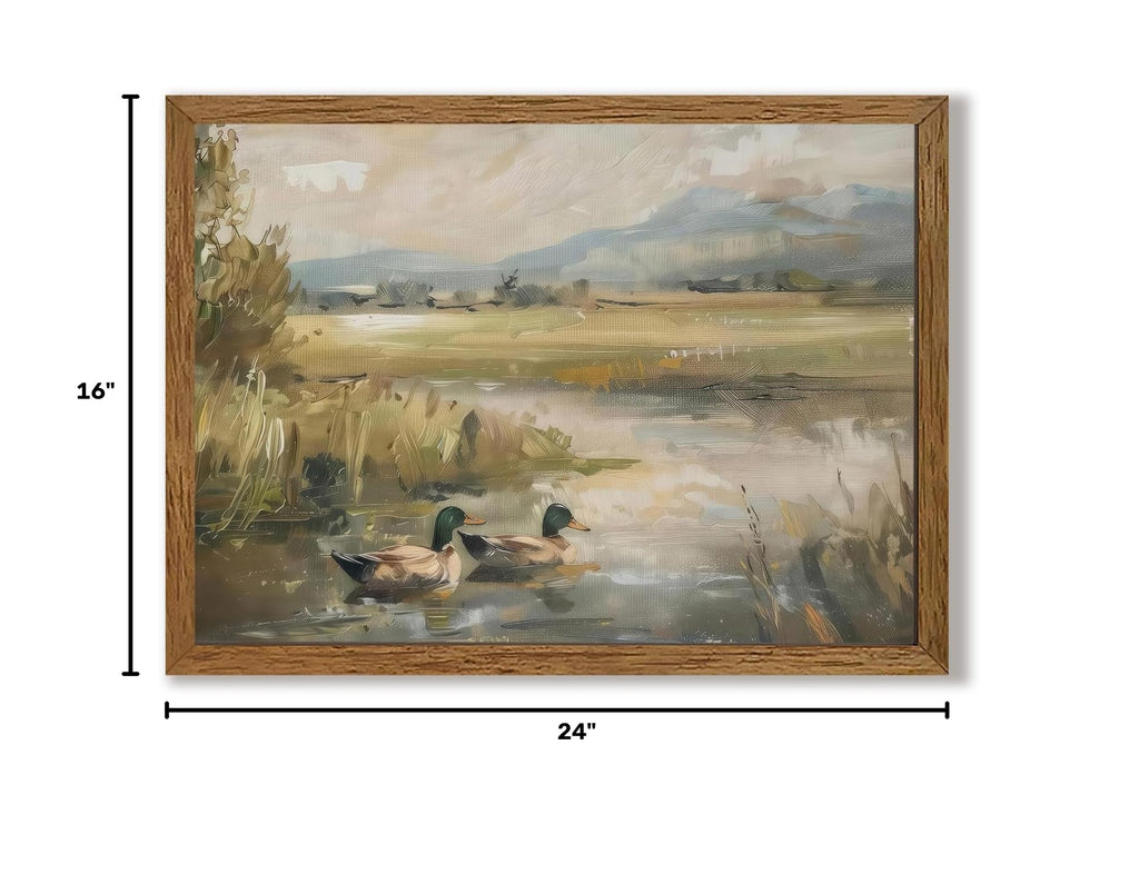 Mallard Ducks Rustic Lake House Framed Canvas Wall Art, 16x24 Inch