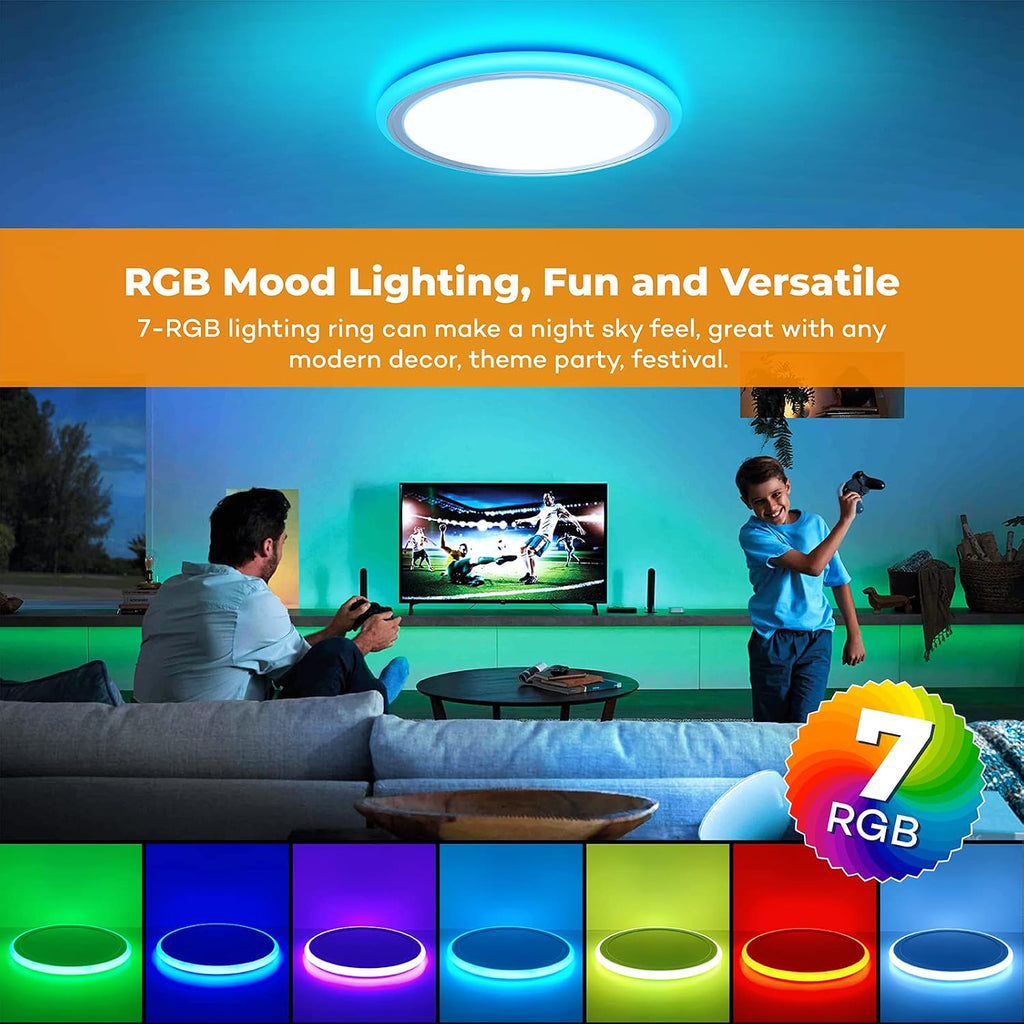RGB Led Flush Mount Ceiling Light with Remote Control, 13Inch 24W 2400LM 3000K-6500K Dimmable Color Changing Wired