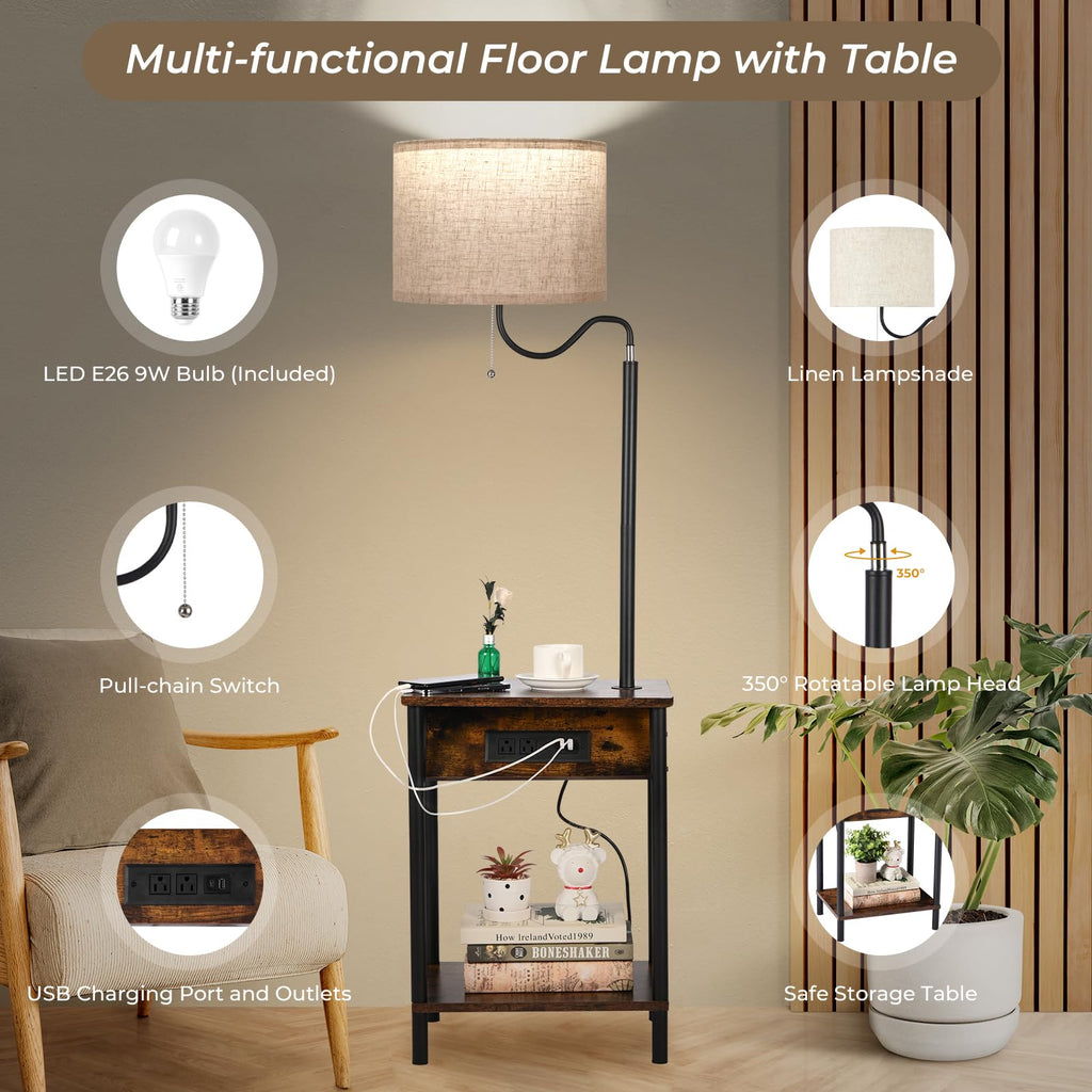 Floor Lamp with Table, End Table with Charging Station USB Ports & Outlets, 3 Color Temperature Reading Light Bedside