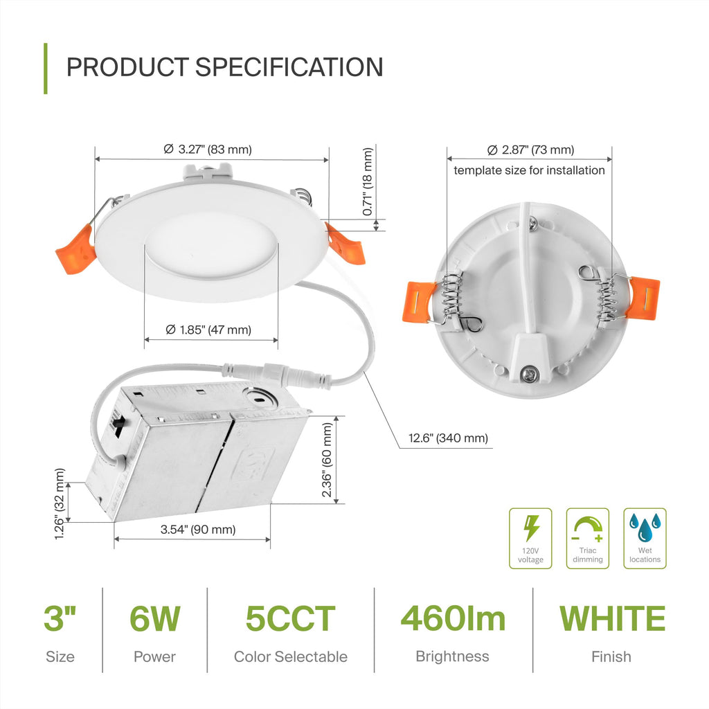 6 Pack 3 Inch LED Recessed Light 6W, 5 CCT 2700K-5000K CRI90+, IC Rated Ultra Thin Dimmable Ceiling Lights with J