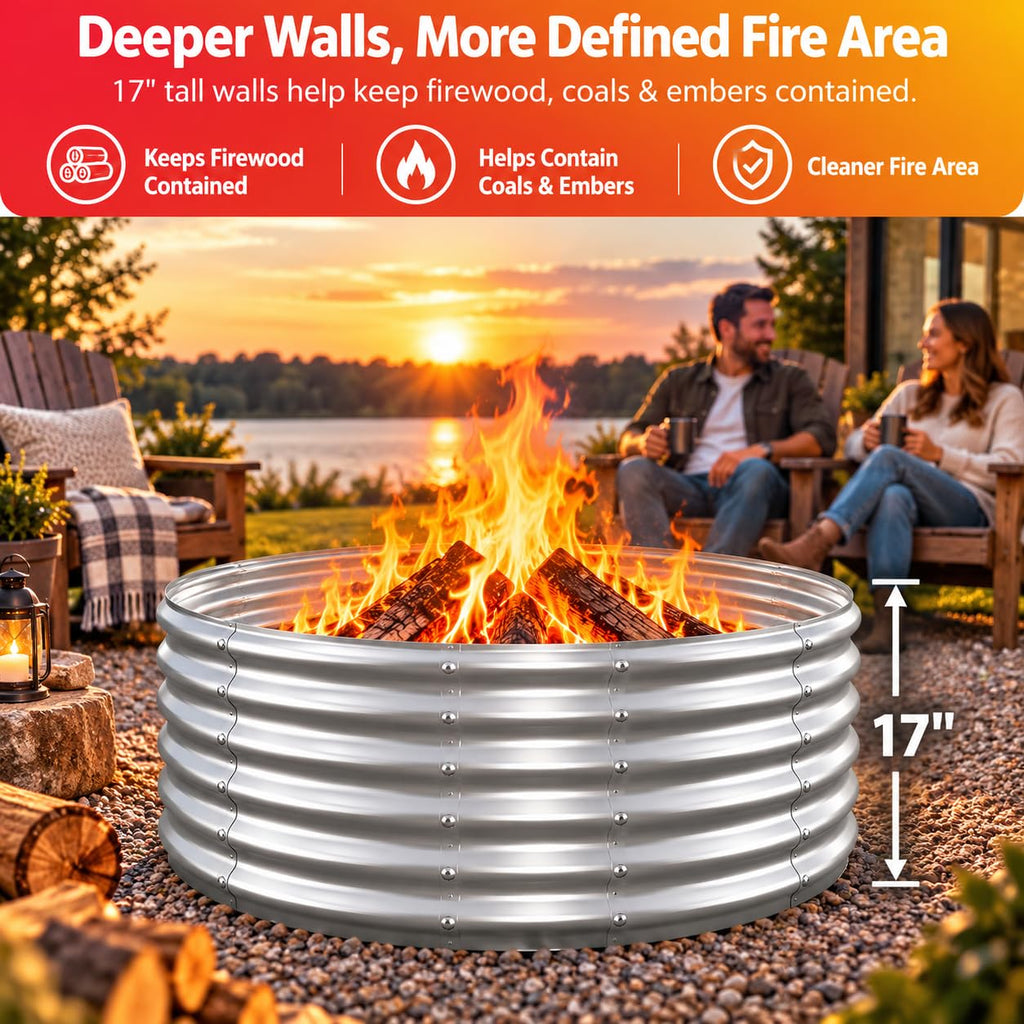 17" Tall Fire Pit Ring for Outside, Large & Safe Wood Burning Fire Pits with High Wall Design, Heavy Duty Galvanized