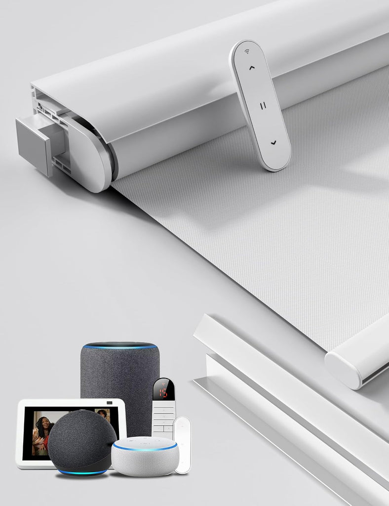 No-Drill No Tools Motorized Blinds with Remote | 34x36 White | Electric Blackout Smart Roller Shade/APP/Voice Control