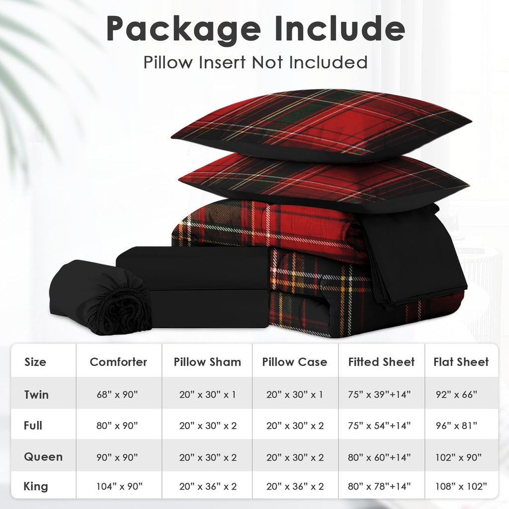 Comforter Set, 7 Pieces Plaid Tartan Bedding Set