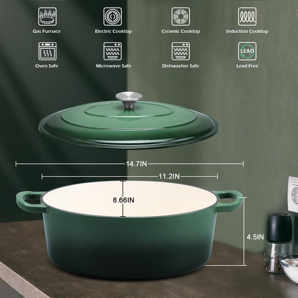 5-Quart Enameled Cast Iron Oval Dutch Oven Pot with Lid, Emerald
