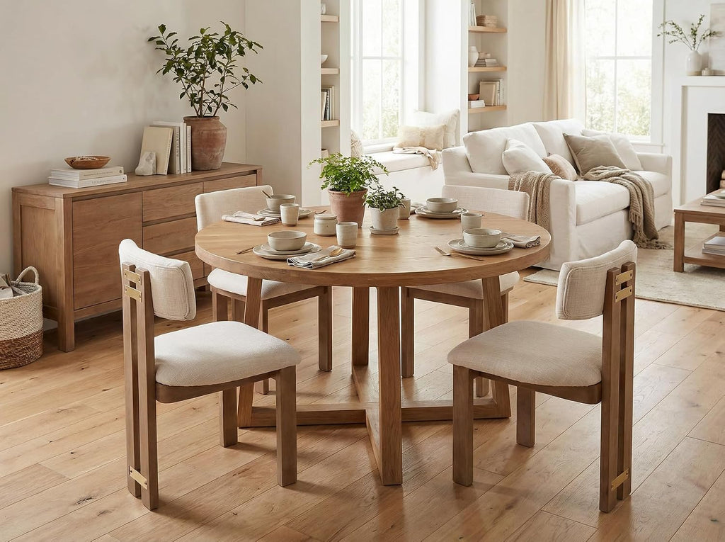 Linen Wooden Dining Chairs Set of 4, Modern Farmhouse Dining Room Kitchen Chairs with Curved Backrest Natural Wood