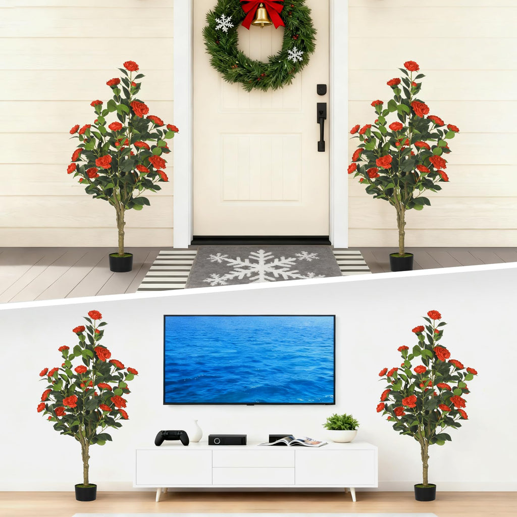 2-Pack 4FT Artificial Camellia Tree, Realistic Fake Potted Plants with Flowers&Planters, Indoor/Outdoor Faux Flowering
