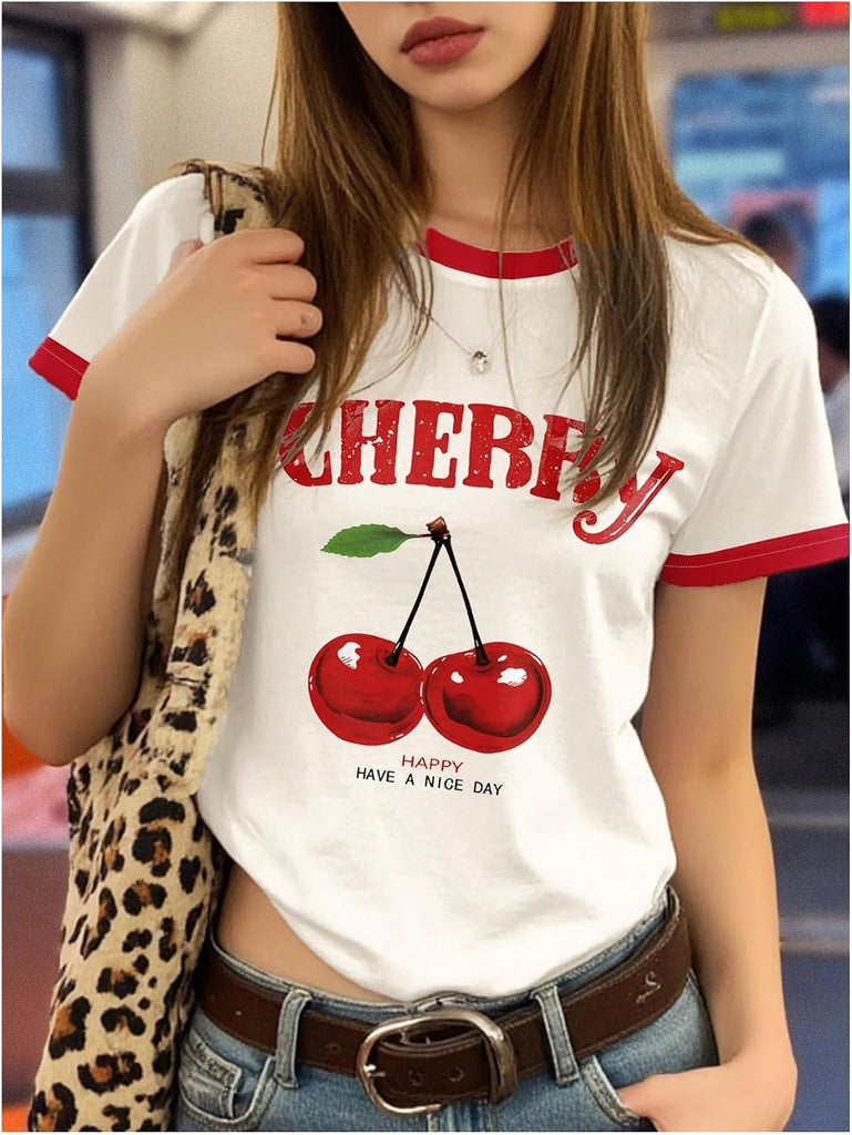 Girl's Cherry Graphic Tees Colorblock Aesthetic Cute Summer Tops