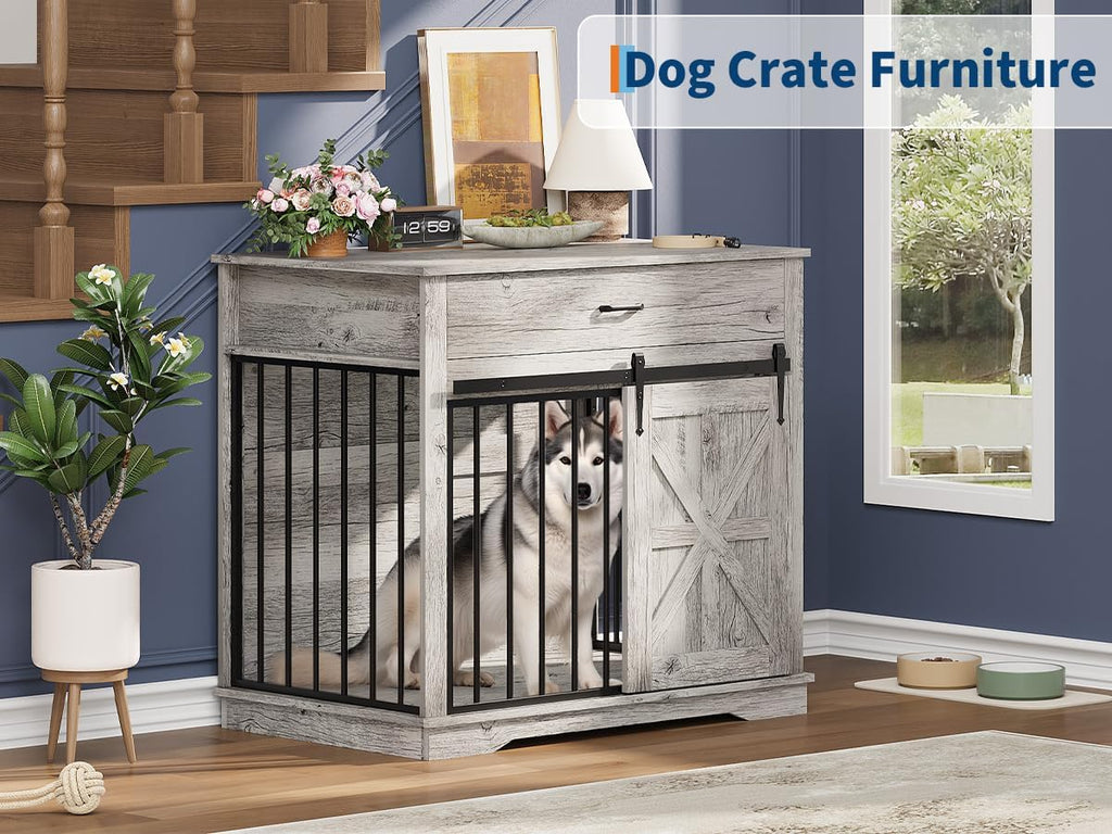 37.8" W Dog Crate Furniture for Small/Medium Dogs, 2-in-1 Iron-Wood Fusion Dog Cage Indoor As Side End Table