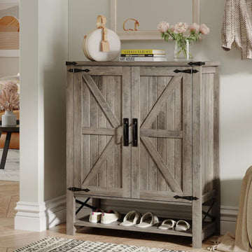 6-Tier Shoe Cabinet with Doors, Farmhouse Shoe Storage Cabinet with Adjustable Shelves, Shoe Shelf, Wooden Shoe Rack