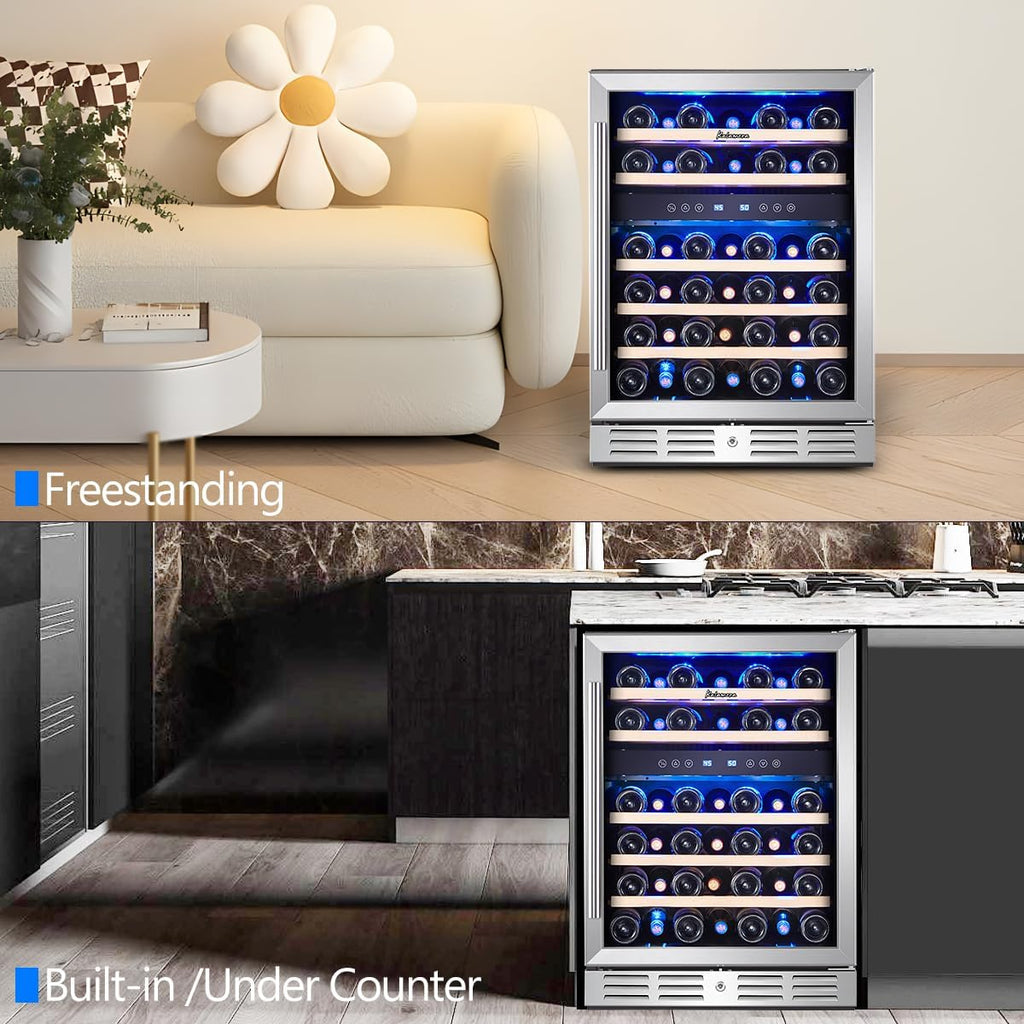 24 inch Wine Cooler, 37 Bottle - Dual Zone Built-in or Freestanding Fridge with 
