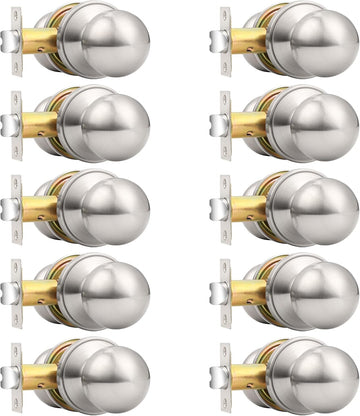 Round Brushed Nickel Passage Door Knobs Interior Door Handles Closet, Keyless Passage Door Lock, 10Pack
