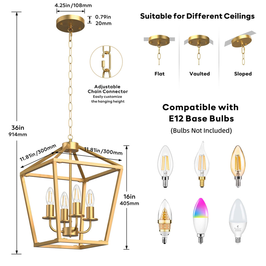 4-Light Gold Chandelier, Modern Farmhouse Lantern Light Fixture