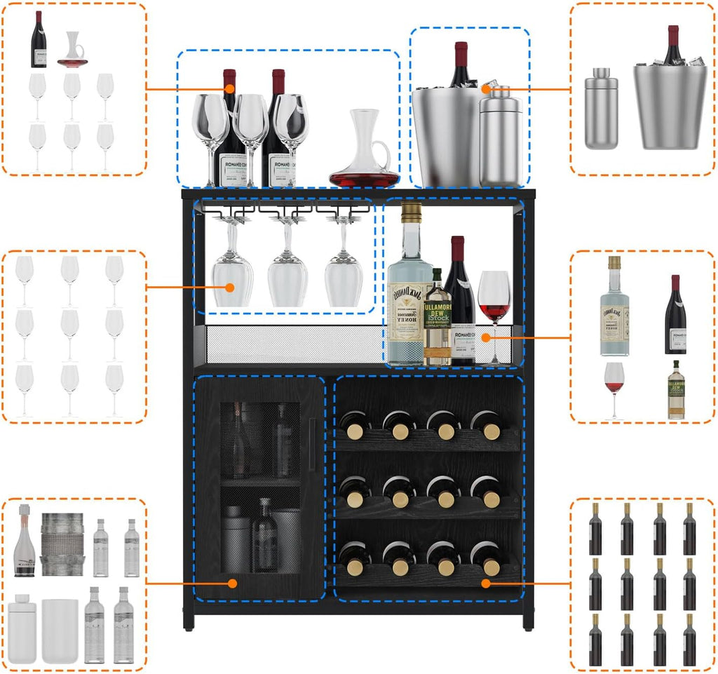 Coffee Wine Bar Cabinet with Storage and Detachable Rack | Farmhouse Sideboard and Buffet Cabinet with Glass Holder