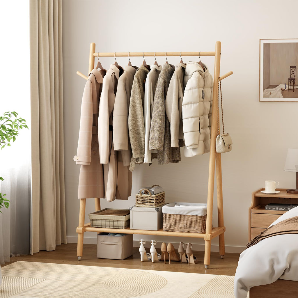Solid Wood Clothing Rack On Wheels for Hanging Clothes, Natural
