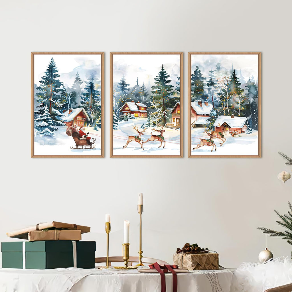 Christmas Santa Sleigh Deer Framed Canvas Wall Art Set -24"x36"x3