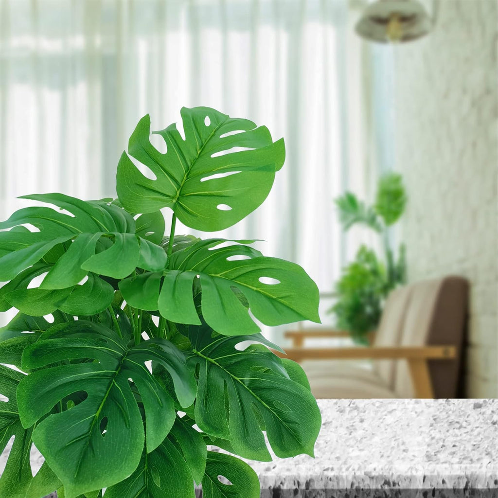 Set of 2 Artificial Monstera Deliciosa Plants in Pots, Fake Tropical Palm Tree with Greenery Leaves Stems, 28 Inch