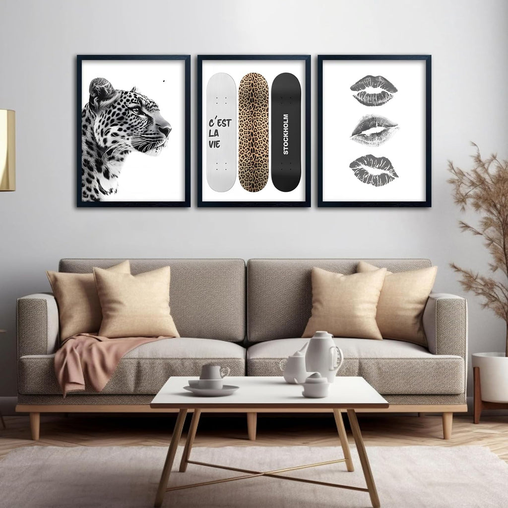 Framed Stockholm Style Canvas Wall Art Set of 3 Black and White Fashion Leopard Print Lips, Preppy Room Aesthetic