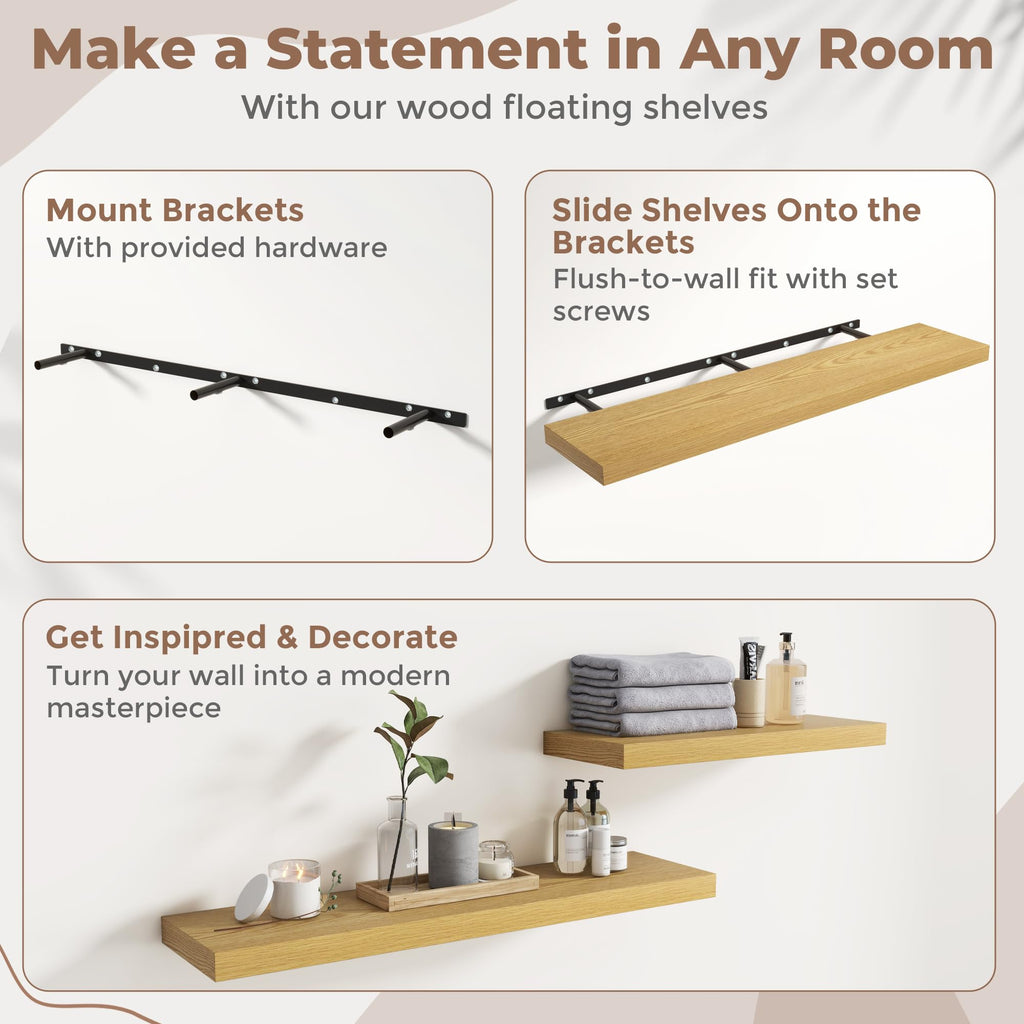 72 Inch Floating Shelves, 12"Deep Wall Shelf, 80 Lbs Capacity, Oak, 2pcs