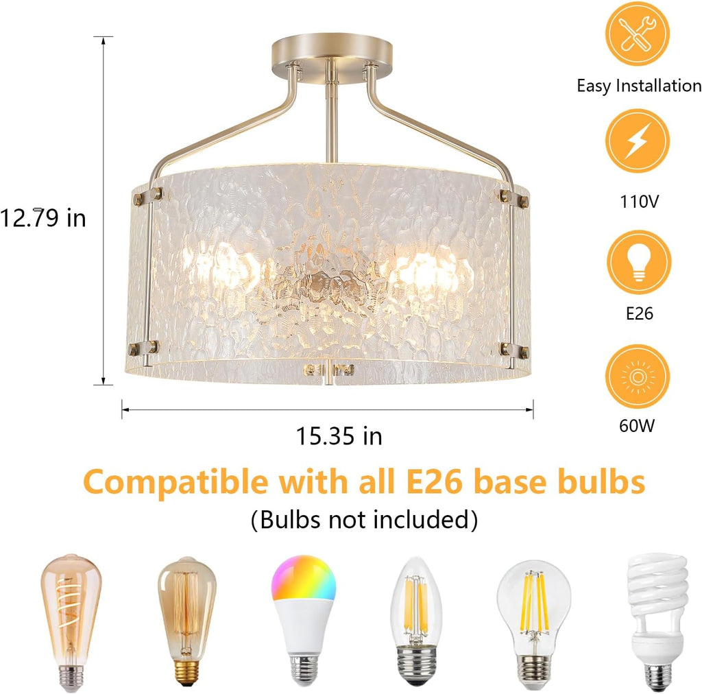 Semi Flush Mount Ceiling Light Fixture Glass Drum Chandelier Entryway Light Fixture 16''Brushed Nickel Flush Mount