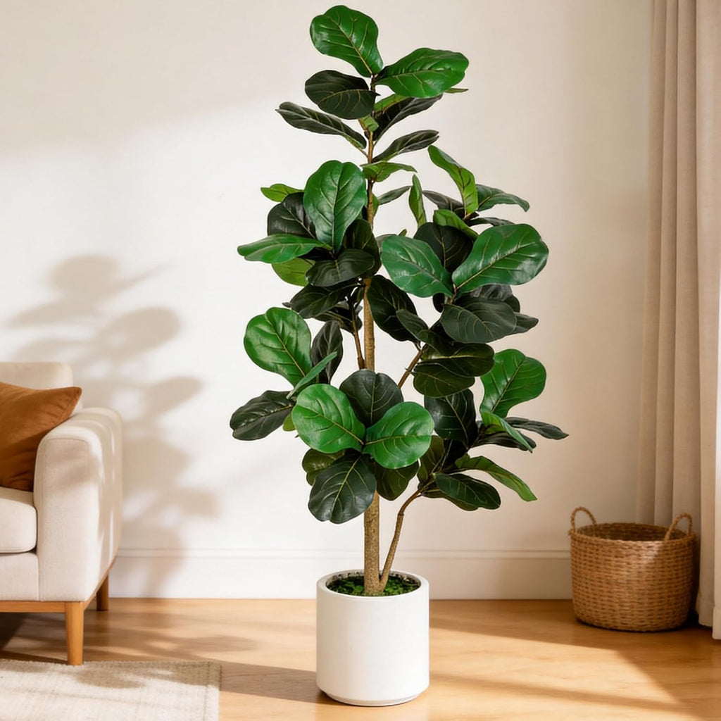 Artificial Fiddle Leaf Fig Tree 5FT Tall Faux Ficus Lyrata Tree with Planter Fig Silk Artificial Floor Plant