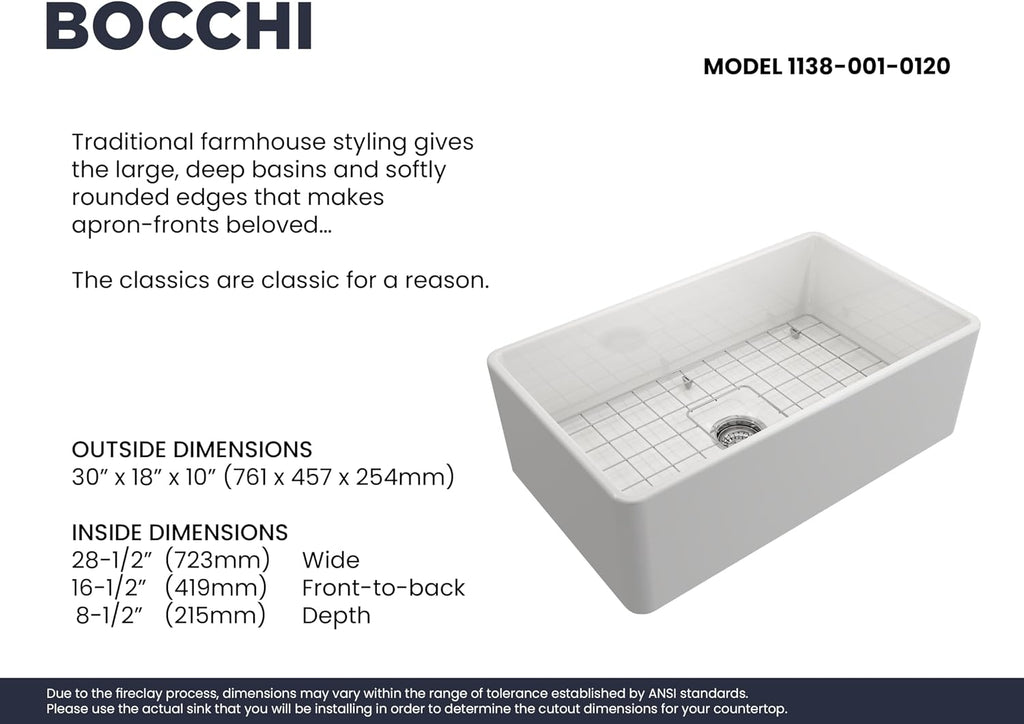 Classico Farmhouse Apron Front Fireclay 30 in. Single Bowl Kitchen Sink with Protective Bottom Grid and Strainer in