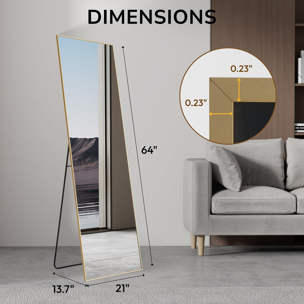 Rectangle Full Length Mirror 64"x21", Aluminum Alloy Thin Frame Floor Standing Mirror, Wall Mirror with Stand, HD