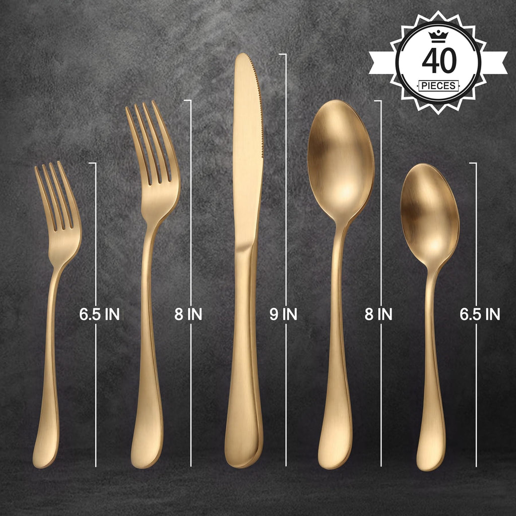 Matte Gold Silverware Set for 8, 40 Piece Stainless Steel Flatware