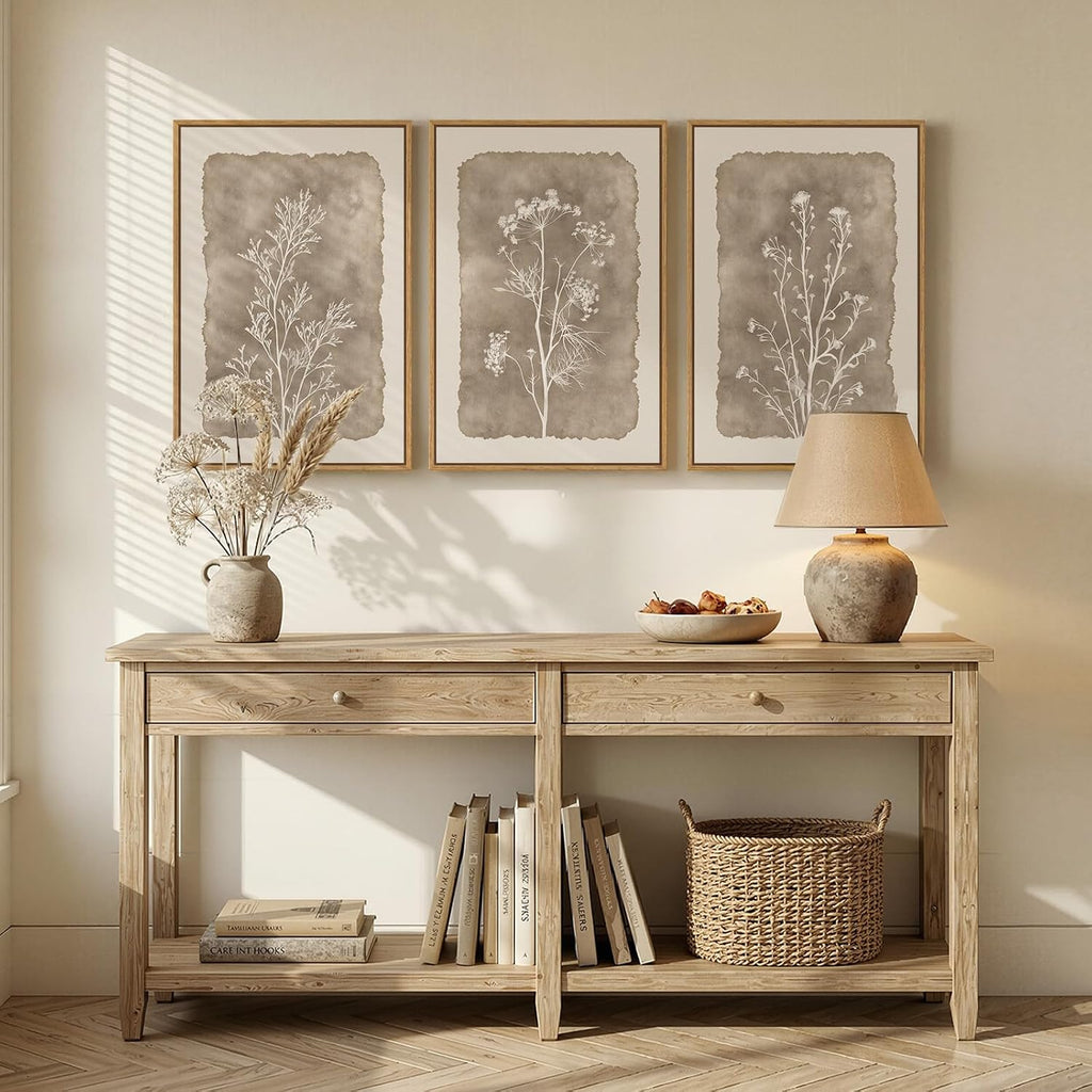 3 Piece Framed Neutral Botanical Wall Art Set, Large Farmhouse Floral Canvas Prints Paintings, Minimalist Wildflower
