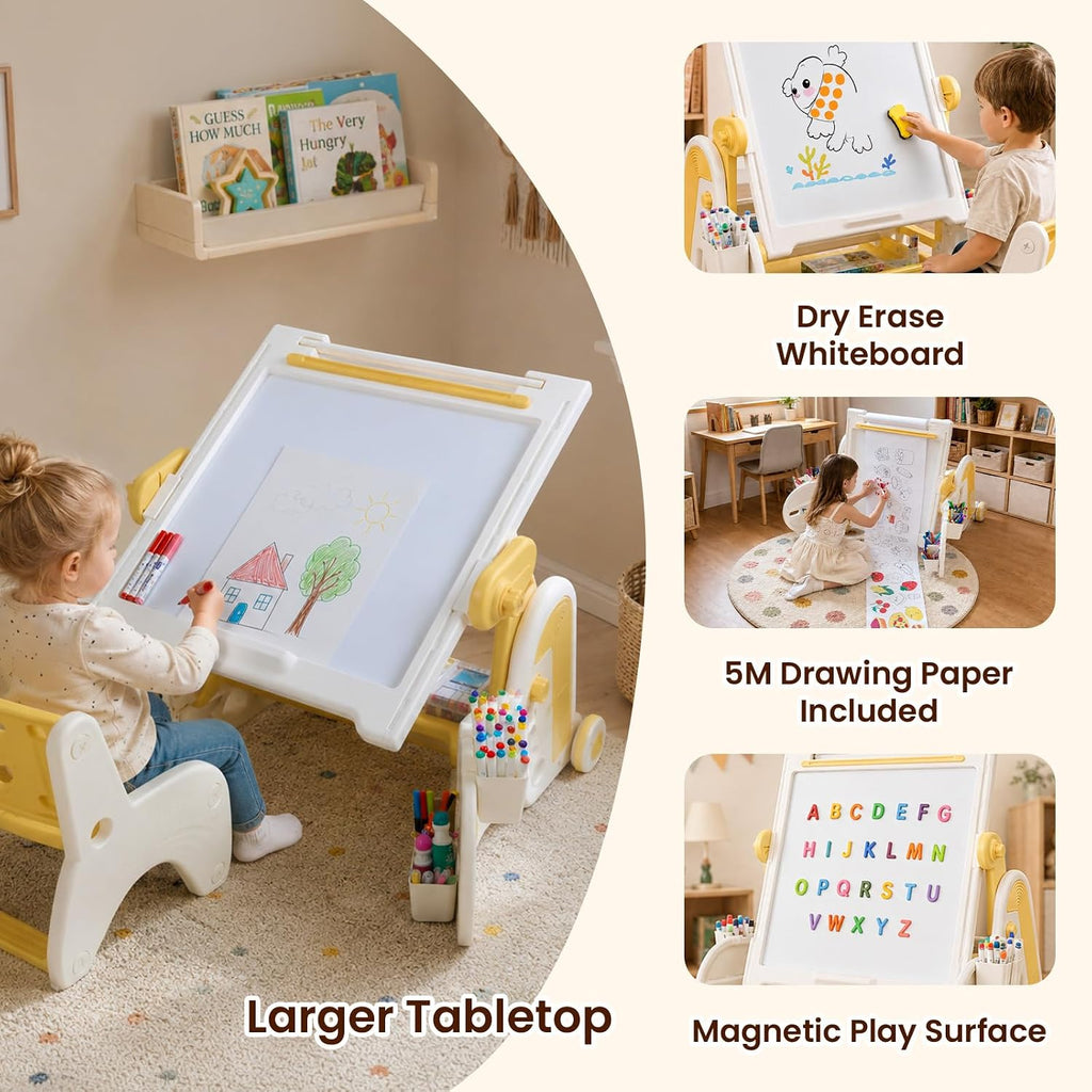Upgraded in-1 Kids Table with Adjustable Height & Angle, Large Magnetic Tabletop with Markers, Multi-Function