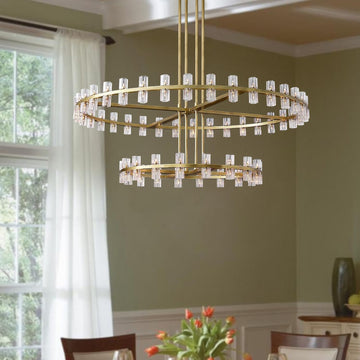 Inspired Arcachon Style 2-Tier Round Wagon Wheel Chandelier, 32" + 40" 72-Light Gold — Foyer, Great Room & Dining