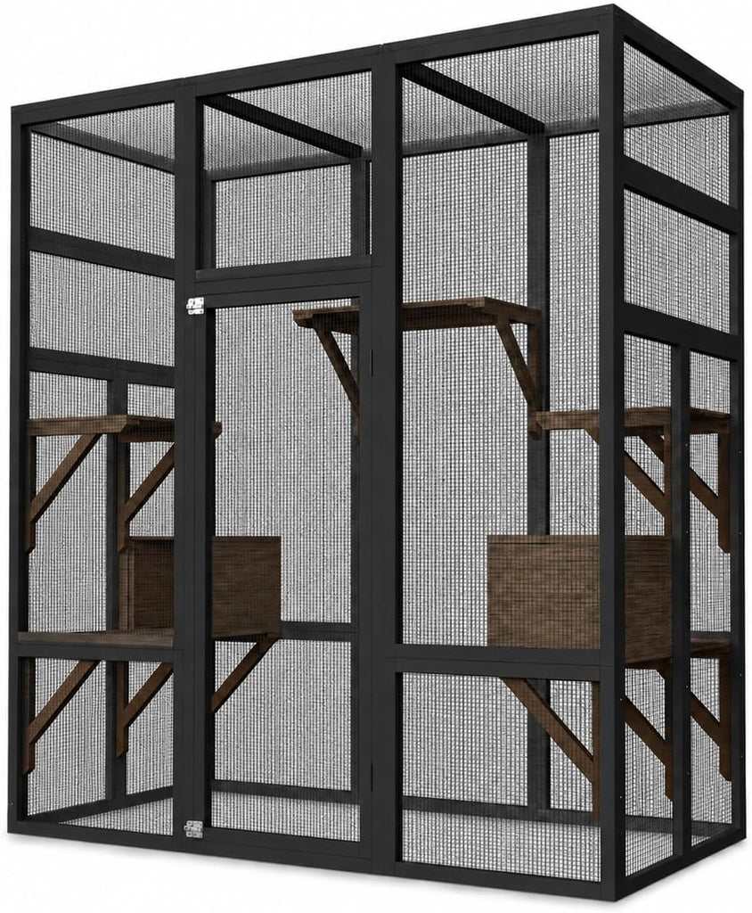 70" Walk-in Wooden Catio, Outdoor Cat Enclosure with Window Access, Black