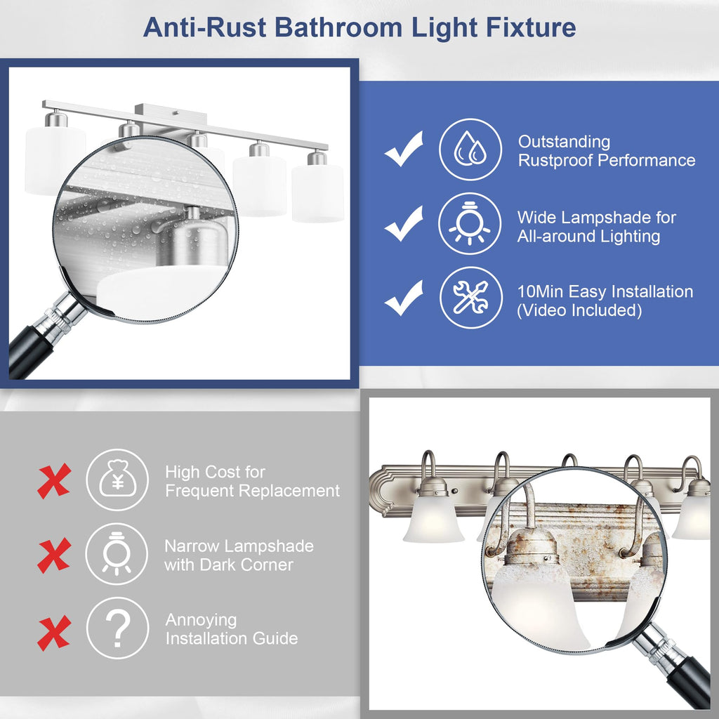 Bathroom Lights Over Mirror Brushed Nickel, Anti-Rust 5-Light Bathroom Vanity Light Fixtures, Modern 28.34Inches Wall