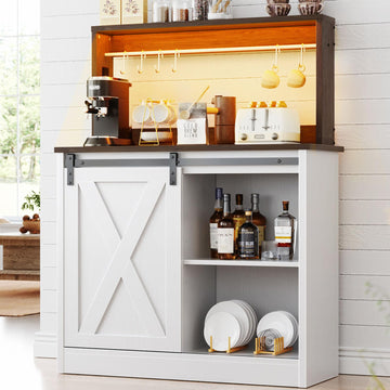Farmhouse Coffee Bar Cabinet with Charging Station & Led Lights, Charming Buffet Cabinet with Hutch, Customizable