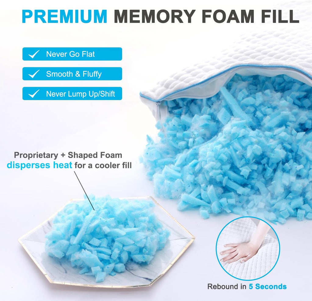 Cooling Shredded Memory Foam Bed Pillows, King Size, Set of 2, 20 x 36 in | Adjustable Firm, Supportive, Breathable