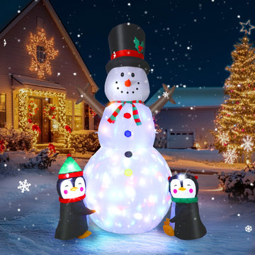 8FT Christmas Decs Inflatable Snowman, Christmas Blow Up Yard Decs Snowman with Penguins, Built-in Colorful Rotating