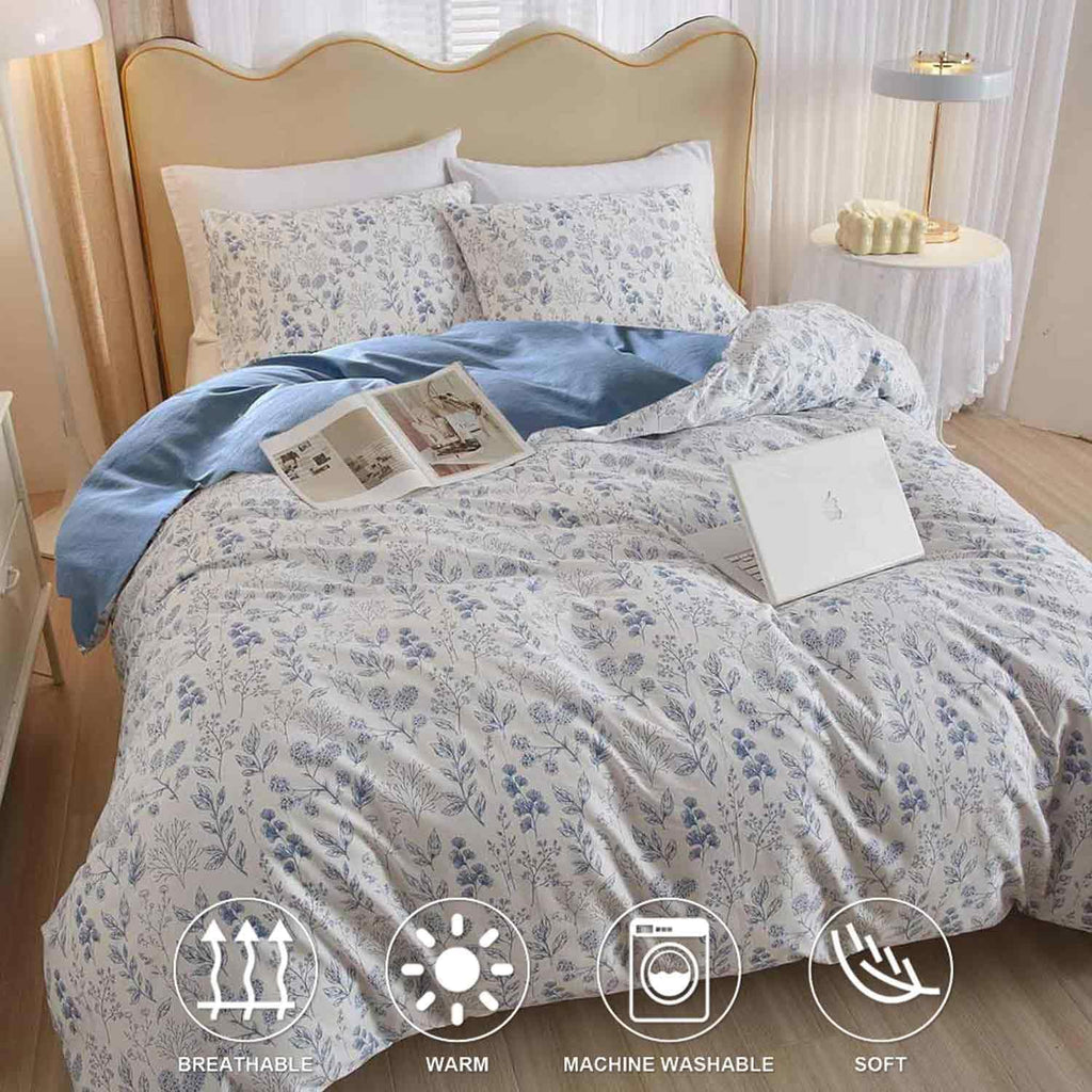 Floral Duvet Cover Set King, Blue and White Flower Leaf Print Pattern Bed Set, Soft Microfiber Reversible Comforter