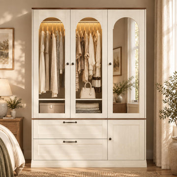 71" H Wardrobe Armoire with Mirror and Sensor Light, Flexible, Antique White